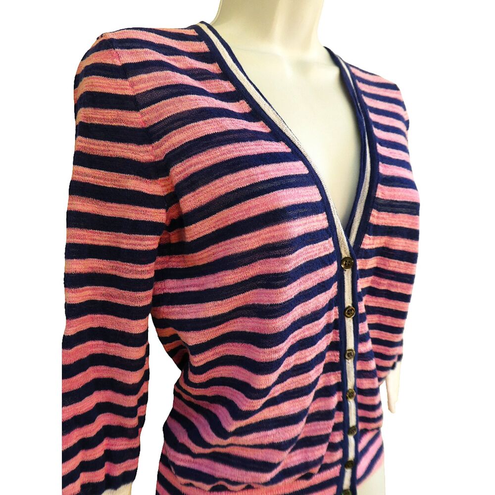 J. Crew Pink Navy Striped V-Neck Cardigan Light Weight Gauze Knit Preppy Smart